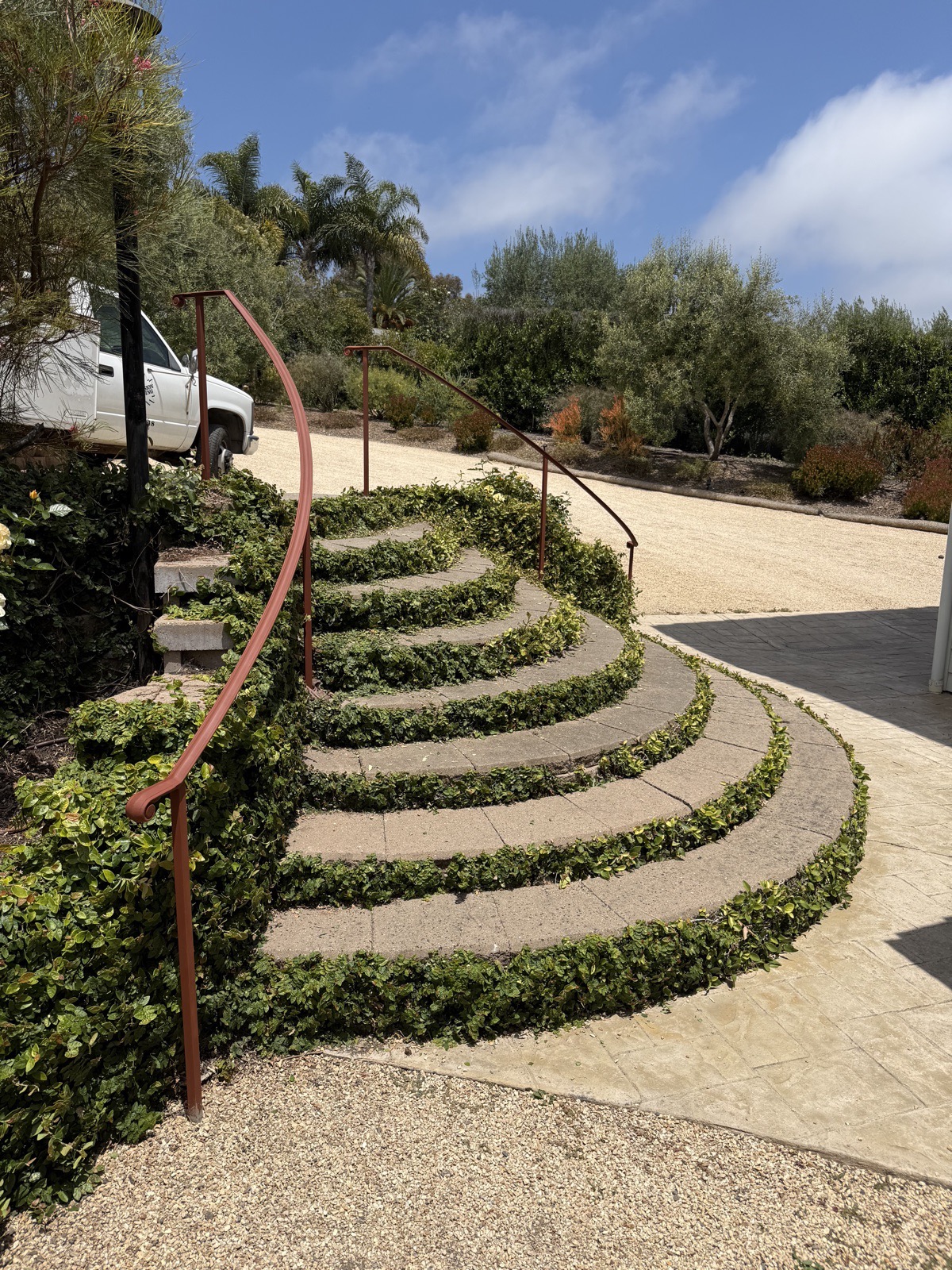 Curved metal handrail following garden steps through landscaping